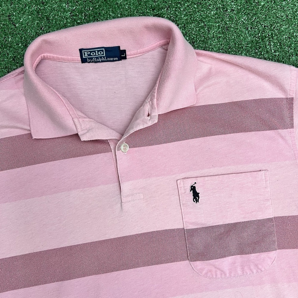 Polo Ralph Lauren Shirt Mens Large Big Pink Stripe Short Sleeve Pocket Vintage